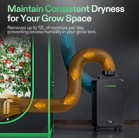VIVOSUN  AeroDrain D12 Smarter Luftentfeuchter für die Growbox, bis zu 12 L/Tag, 2L Wassertank, mit Temperatur- und Luftfeuchtigkeitssensor