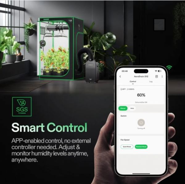 VIVOSUN  AeroDrain D12 Smarter Luftentfeuchter für die Growbox, bis zu 12 L/Tag, 2L Wassertank, mit Temperatur- und Luftfeuchtigkeitssensor