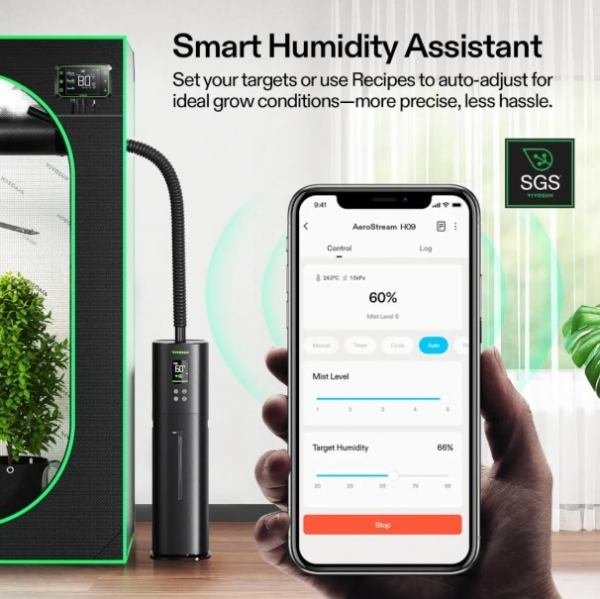 VIVOSUN AeroStream H09 Smarter Luftbefeuchter 9L mit Temperatur- und Luftfeuchtigkeitssonde, für Growbox